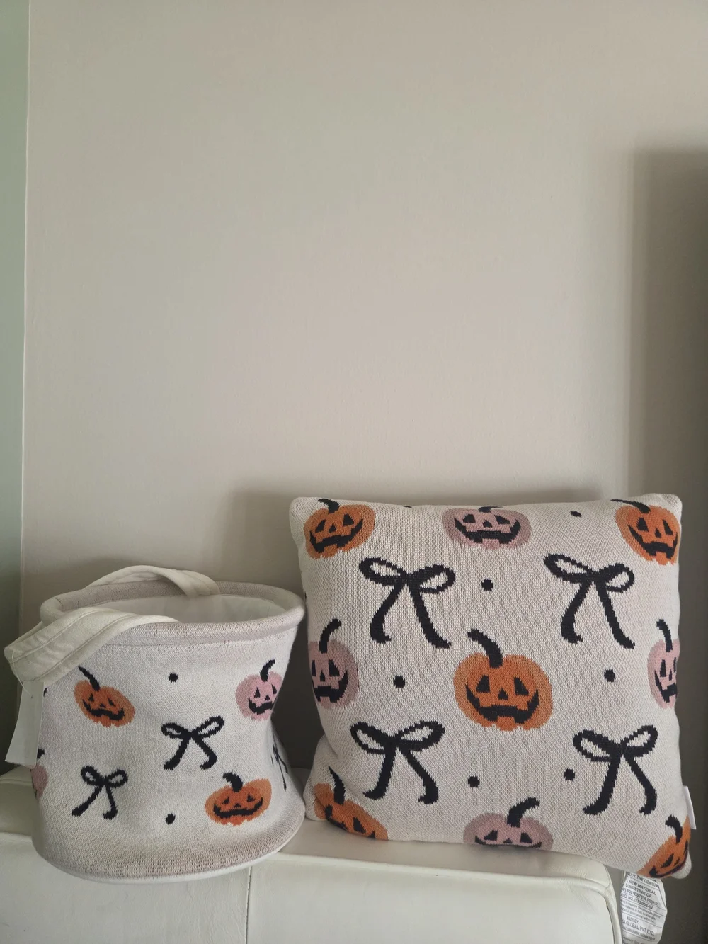 Halloween Pumpkin Knit Decorative Pillow and Basket Set - Cream, Orange, Pink